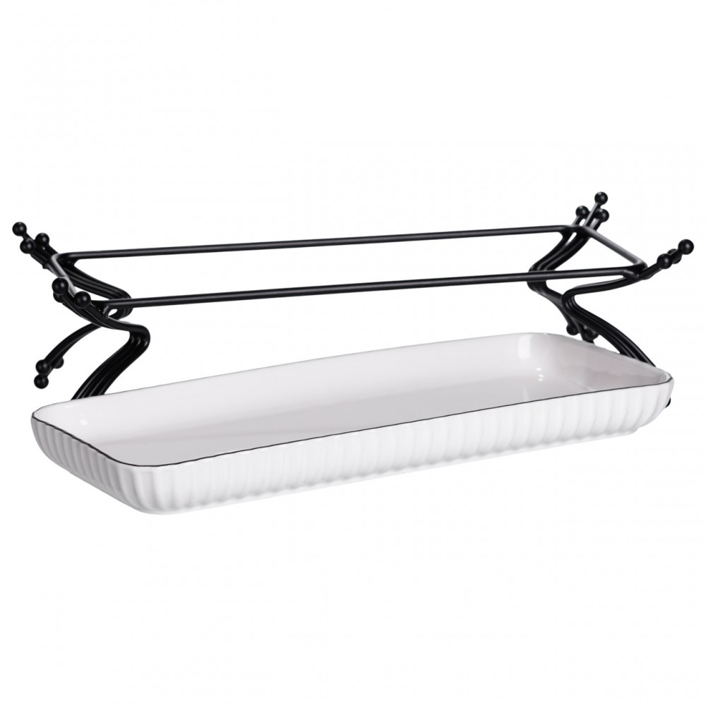 Порцелянове блюдо для сервірування на металевій підставці 29,5×12×9 (см) Біле з чорним LB-1565B