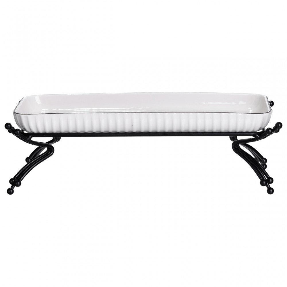 Порцелянове блюдо для сервірування на металевій підставці 29,5×12×9 (см) Біле з чорним LB-1565B