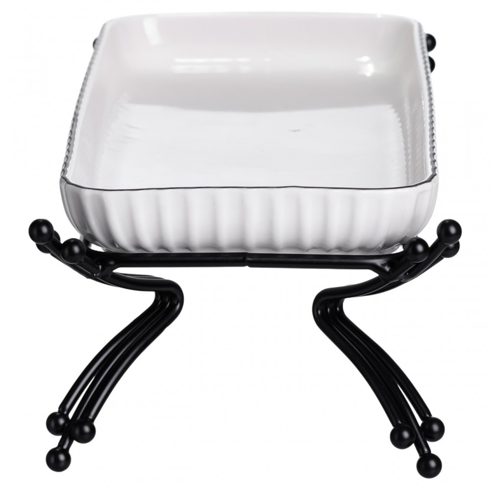 Порцелянове блюдо для сервірування на металевій підставці 29,5×12×9 (см) Біле з чорним LB-1565B