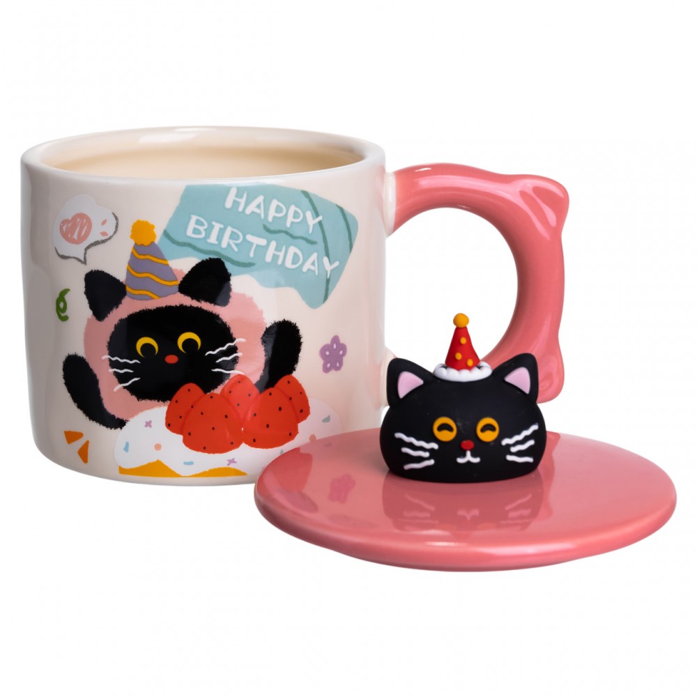 Чашка фарфоровая с крышкой Kitten's Birthday 400 (мл) подарочная кружка прикольная чашка для детей на подарок Розовый FM-24C