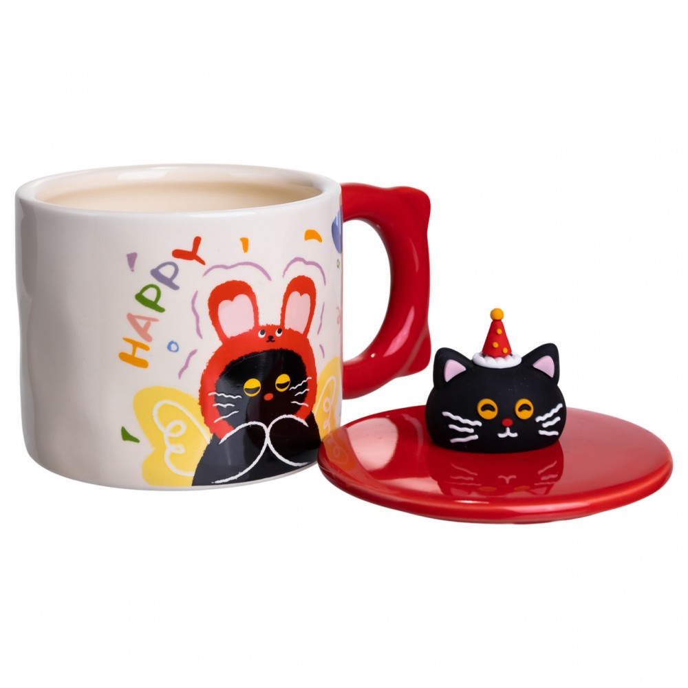 Чашка фарфоровая с крышкой Kitten's Birthday 400 (мл) подарочная кружка прикольная чашка для детей на подарок Красный FM-24D