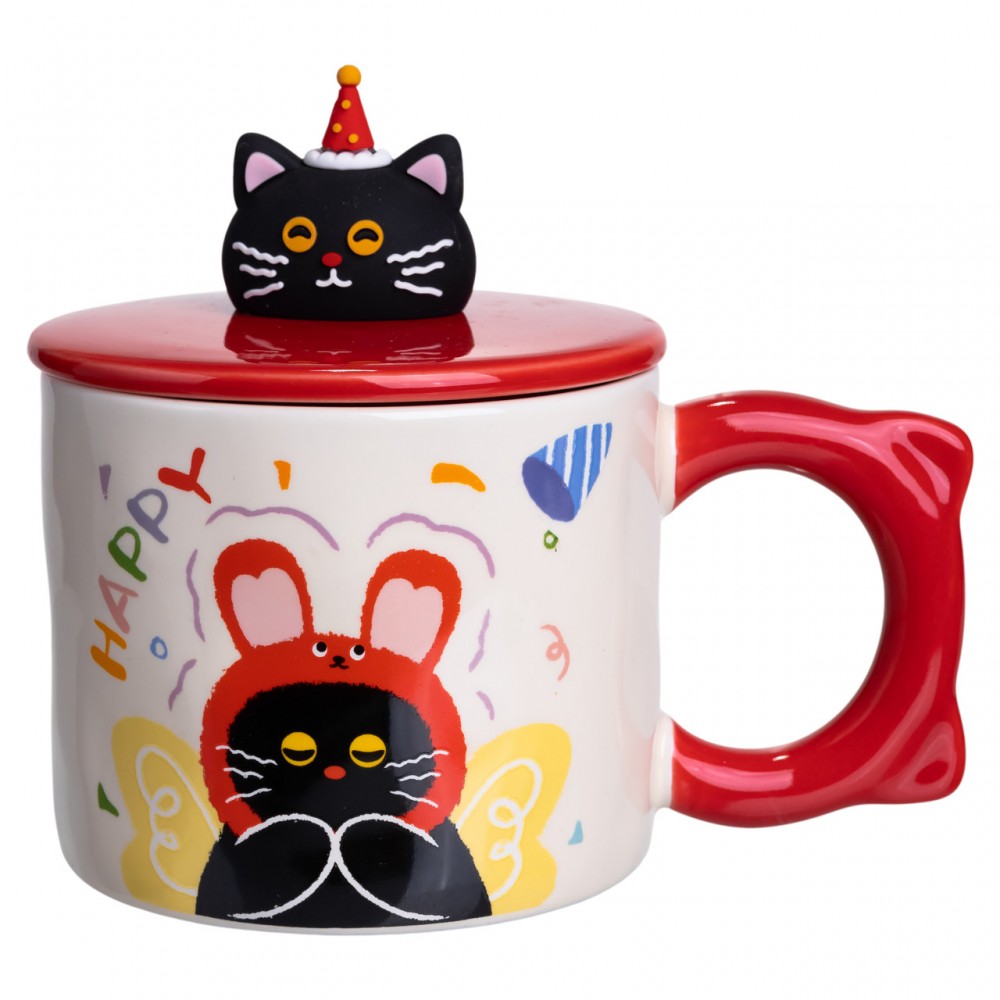 Чашка фарфоровая с крышкой Kitten's Birthday 400 (мл) подарочная кружка прикольная чашка для детей на подарок Красный FM-24D