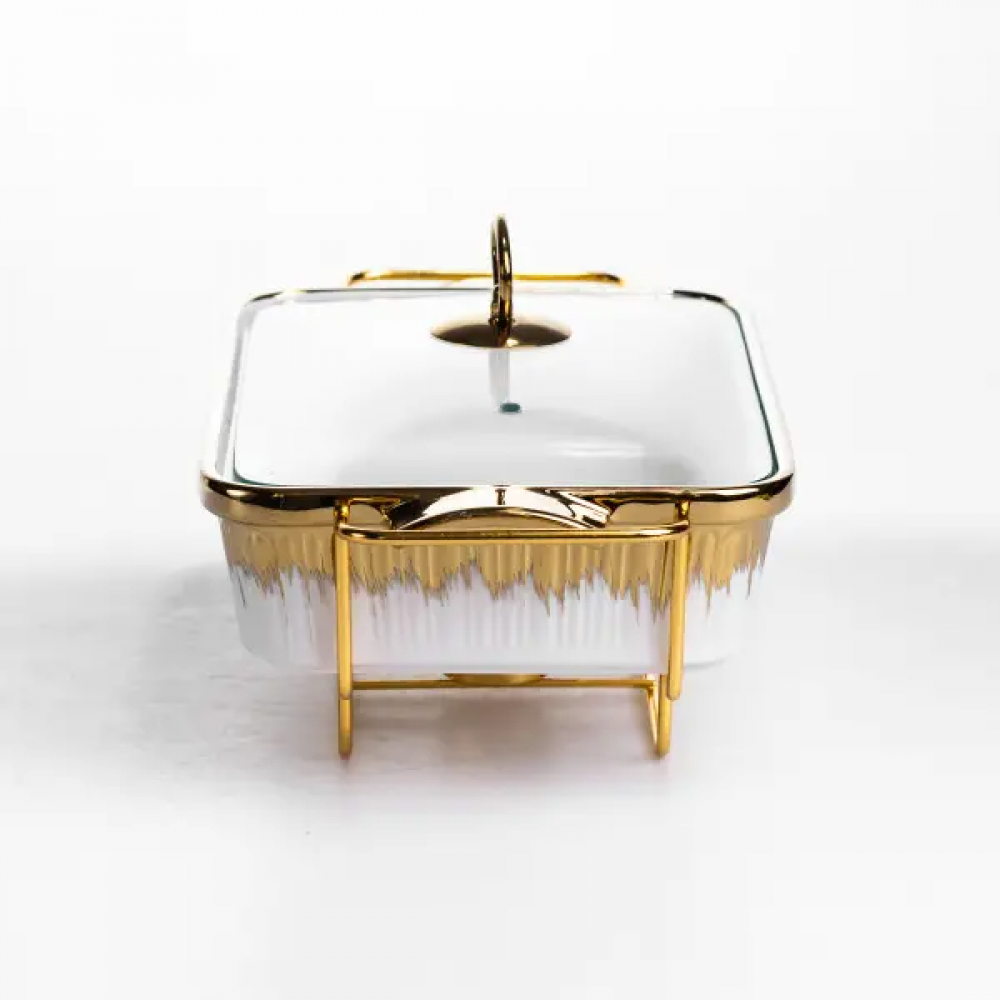 Мармитница фарфоровая 1.5 л на золотистой подставке с подогревом 35.5х19х15.5 см ML-860-13