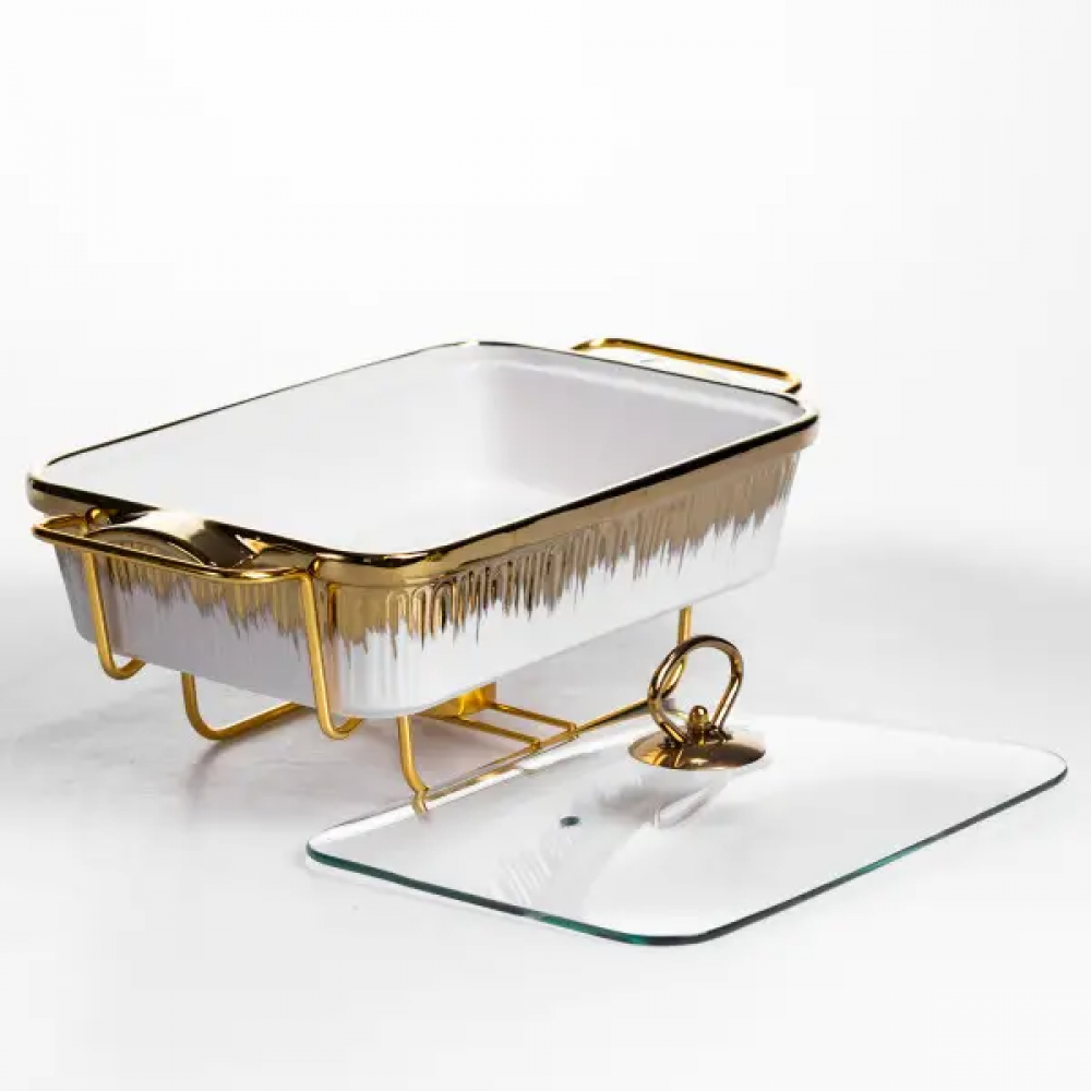 Мармитница фарфоровая 1.5 л на золотистой подставке с подогревом 35.5х19х15.5 см ML-860-13