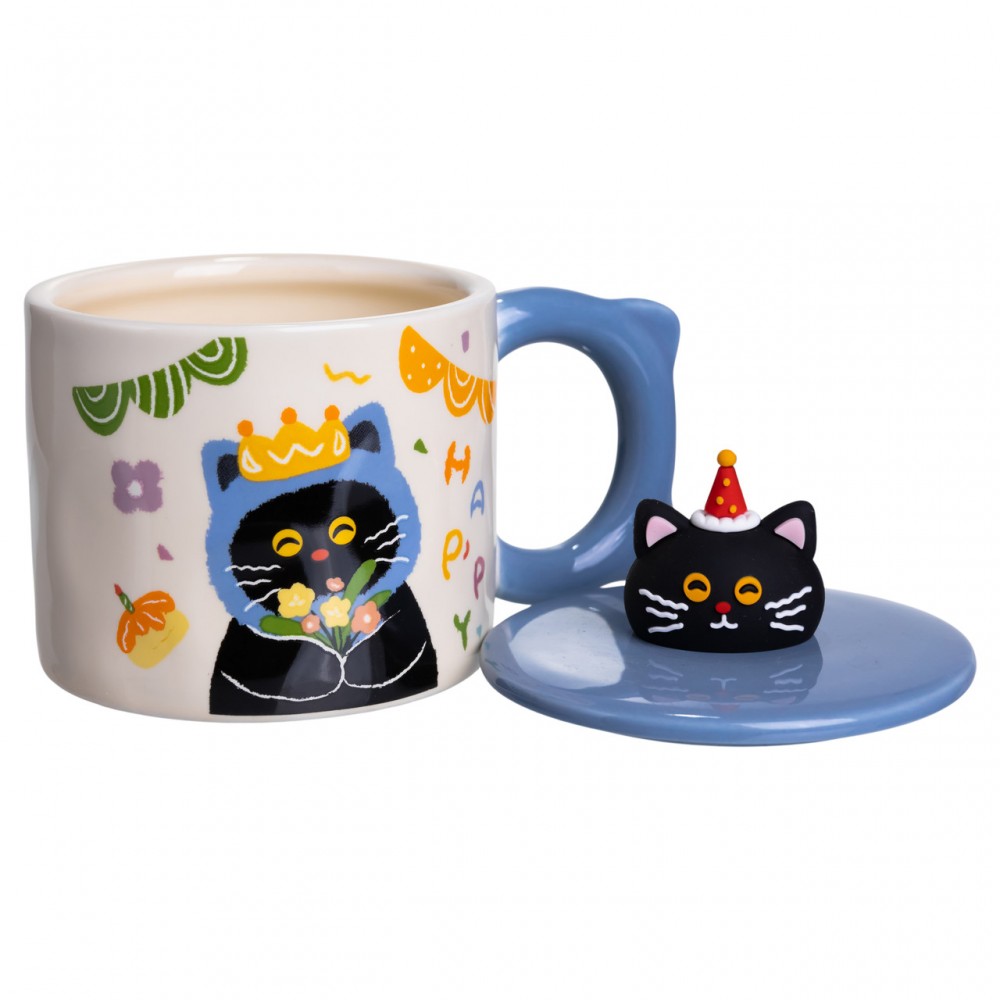Чашка фарфоровая с крышкой Kitten's Birthday 400 (мл) подарочная кружка прикольная чашка для детей на подарок Синий FM-24A