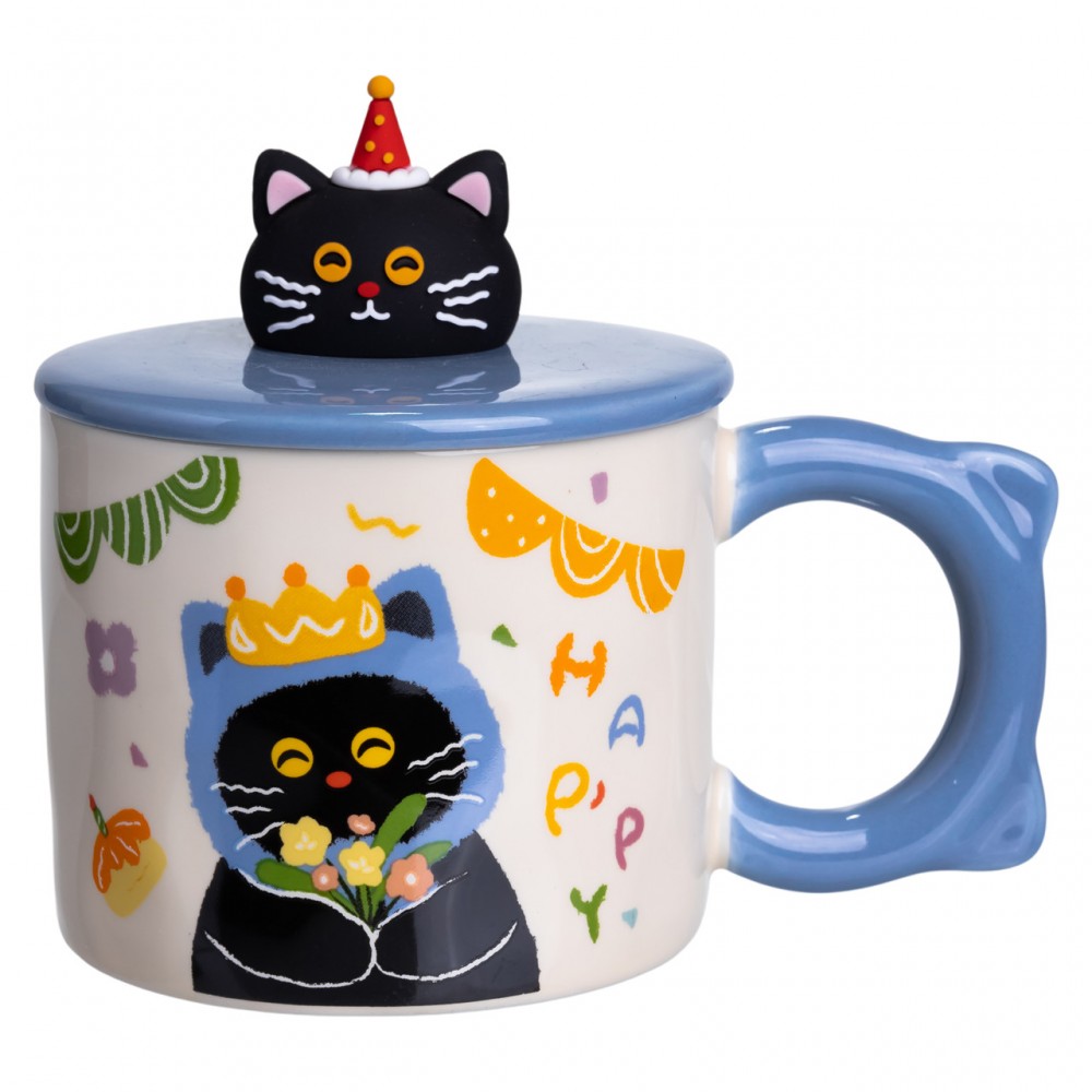 Чашка фарфоровая с крышкой Kitten's Birthday 400 (мл) подарочная кружка прикольная чашка для детей на подарок Синий FM-24A