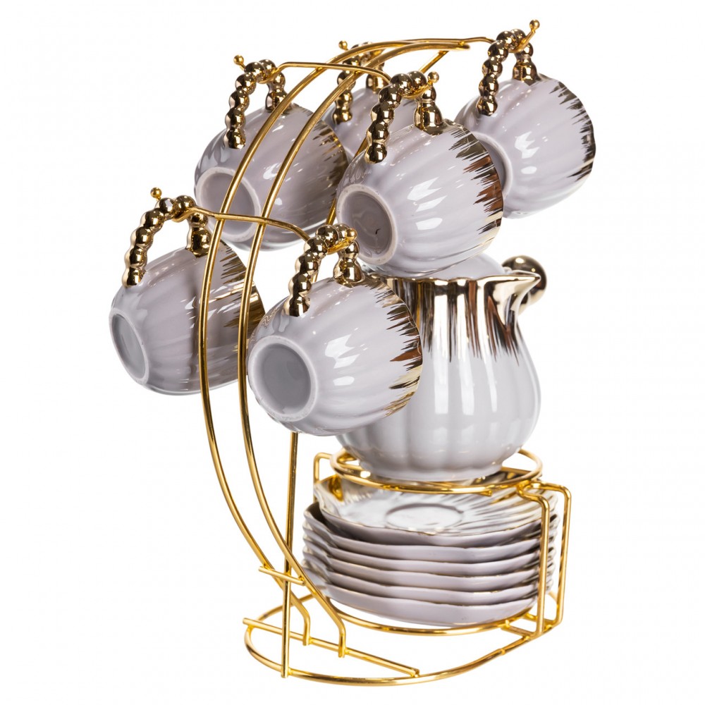 Кофейный сервиз на подставке с кофейником 450 (мл) 6 чашек по 90 (мл) подарочный набор чашек на подставке Серый с золотом FM-JJ-4