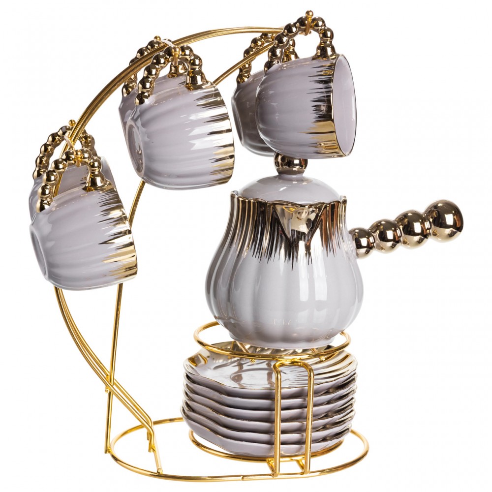 Кофейный сервиз на подставке с кофейником 450 (мл) 6 чашек по 90 (мл) подарочный набор чашек на подставке Серый с золотом FM-JJ-4