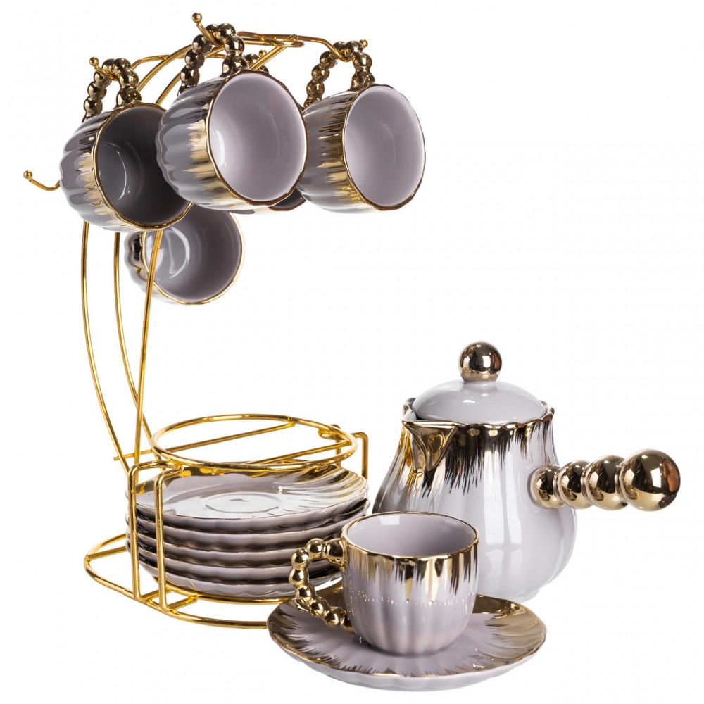 Кофейный сервиз на подставке с кофейником 450 (мл) 6 чашек по 90 (мл) подарочный набор чашек на подставке Серый с золотом FM-JJ-4