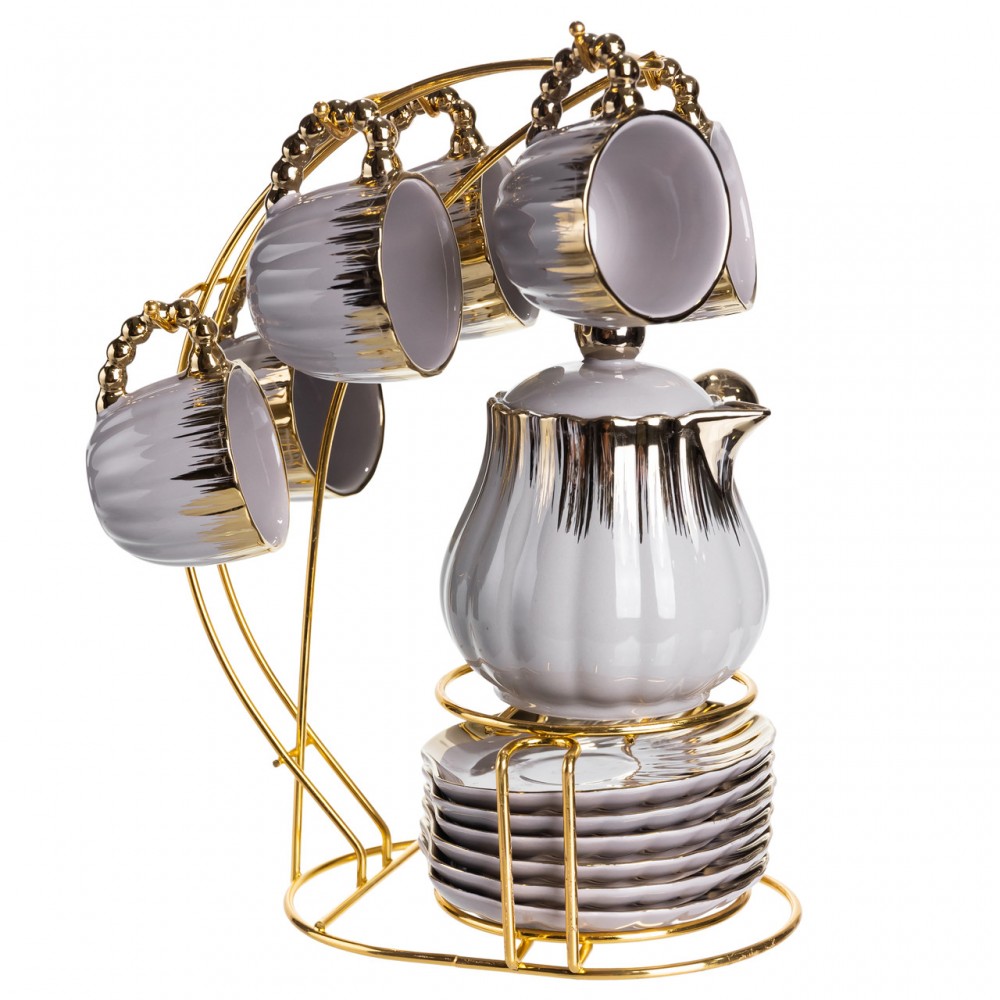 Кофейный сервиз на подставке с кофейником 450 (мл) 6 чашек по 90 (мл) подарочный набор чашек на подставке Серый с золотом FM-JJ-4