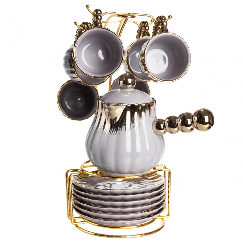 Кофейный сервиз на подставке с кофейником 450 (мл) 6 чашек по 90 (мл) подарочный набор чашек на подставке Серый с золотом FM-JJ-4