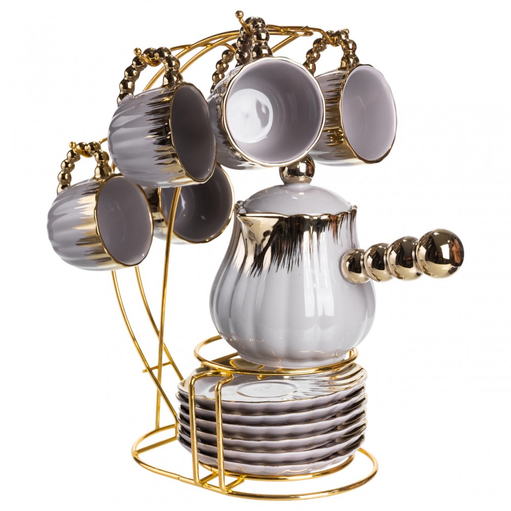 Кофейный сервиз на подставке с кофейником 450 (мл) 6 чашек по 90 (мл) подарочный набор чашек на подставке Серый с золотом FM-JJ-4