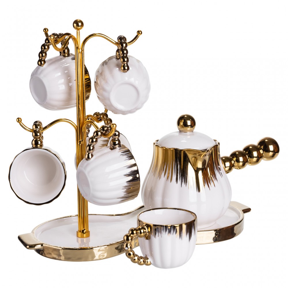 Кофейный сервиз на подставке с кофейником 450 (мл) 6 чашек по 90 (мл) подарочный набор чашек на подставке Белый с золотом FM-JJ-5