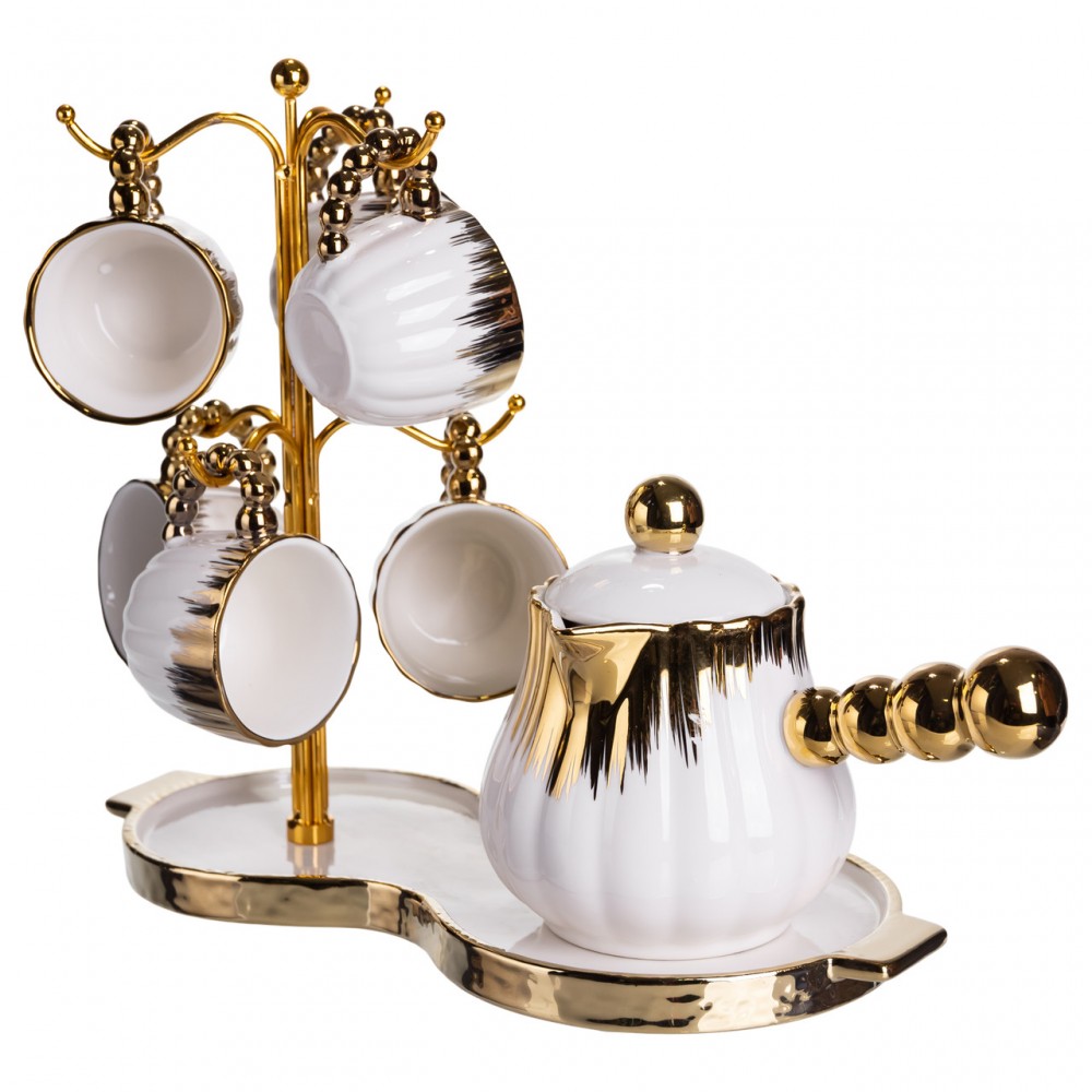 Кофейный сервиз на подставке с кофейником 450 (мл) 6 чашек по 90 (мл) подарочный набор чашек на подставке Белый с золотом FM-JJ-5