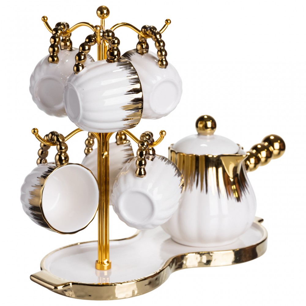 Кофейный сервиз на подставке с кофейником 450 (мл) 6 чашек по 90 (мл) подарочный набор чашек на подставке Белый с золотом FM-JJ-5