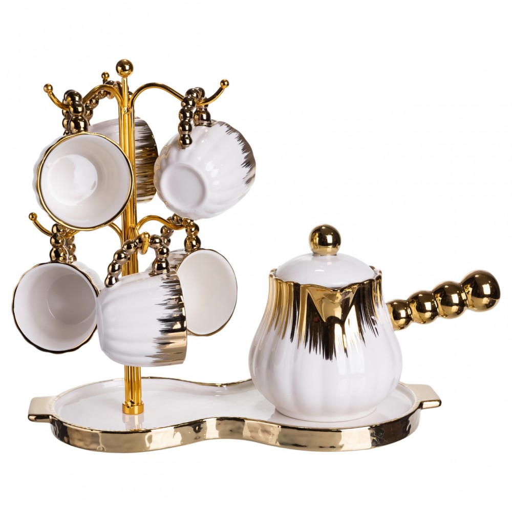 Кофейный сервиз на подставке с кофейником 450 (мл) 6 чашек по 90 (мл) подарочный набор чашек на подставке Белый с золотом FM-JJ-5