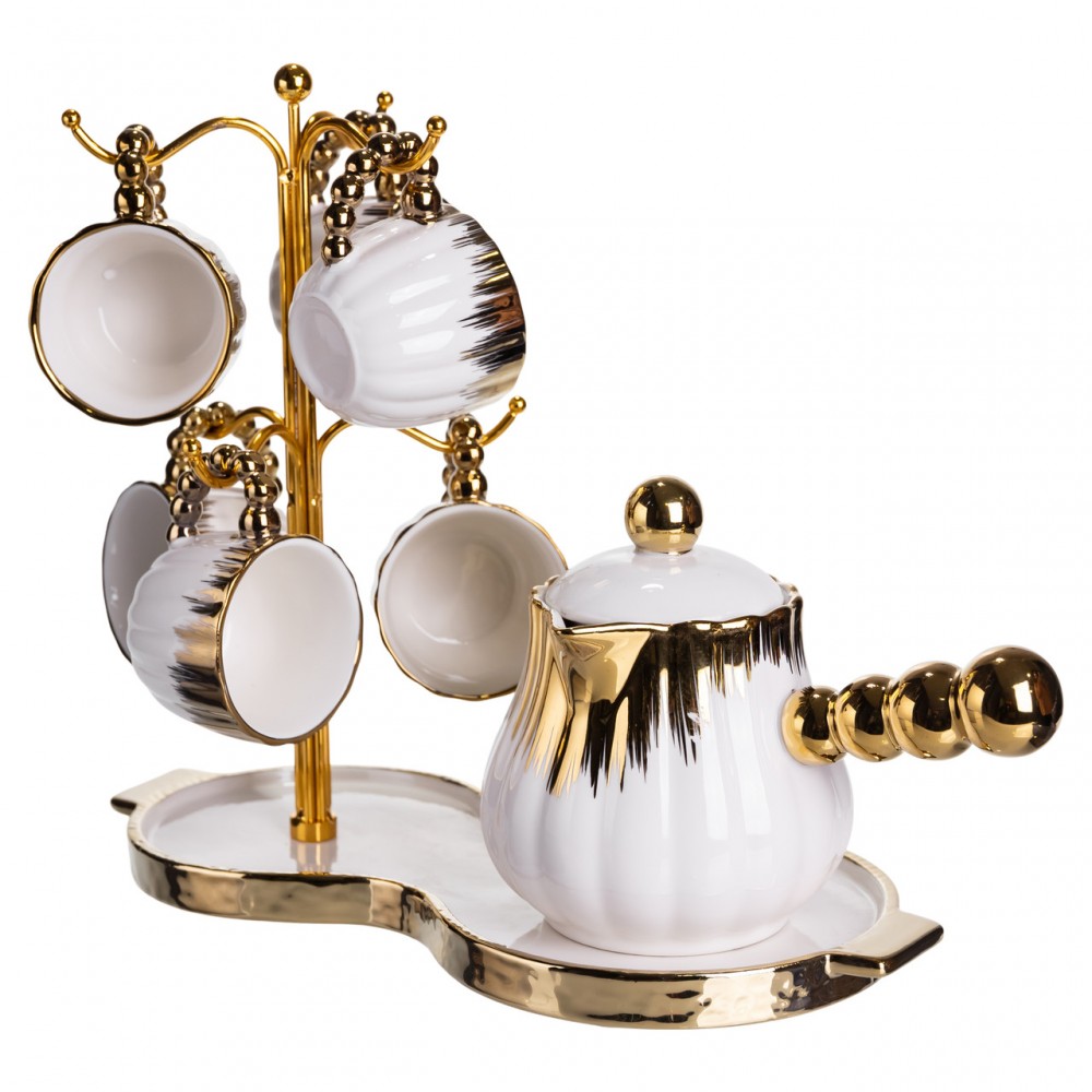 Кофейный сервиз на подставке с кофейником 450 (мл) 6 чашек по 90 (мл) подарочный набор чашек на подставке Белый с золотом FM-JJ-5