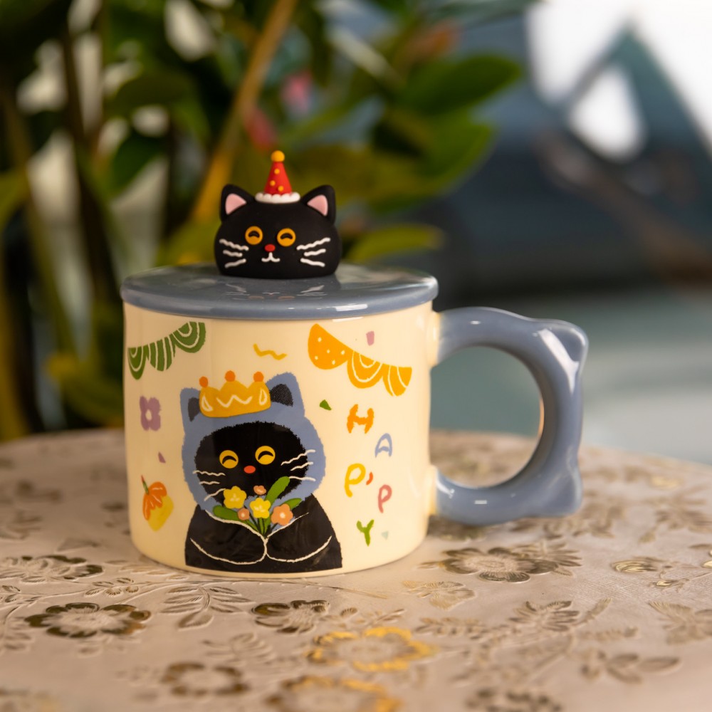 Чашка фарфоровая с крышкой Kitten's Birthday 400 (мл) подарочная кружка прикольная чашка для детей на подарок Синий FM-24A