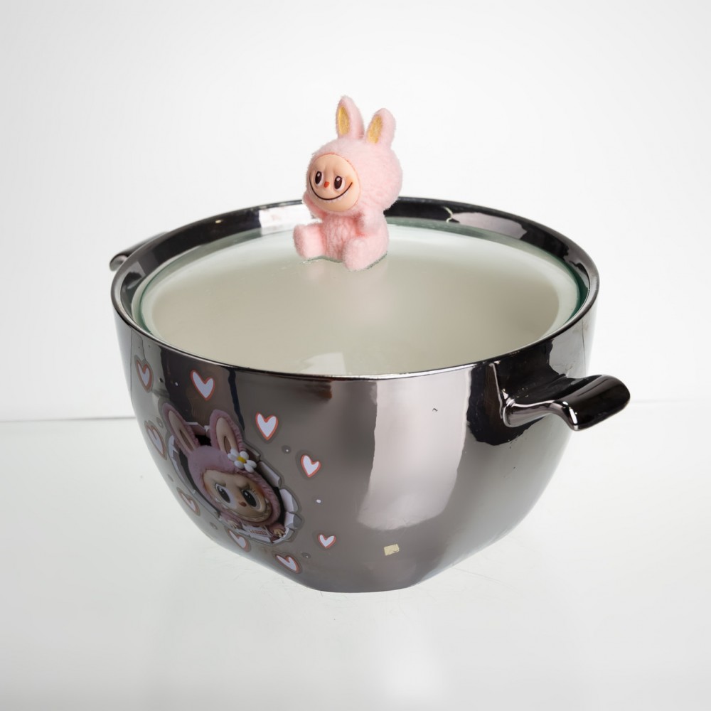 Бульонница фарфоровая Labubu с крышкой и ручками 800 (мл) Ø15 (см) детская тарелка для супа и лапши Серебристый с розовым FM-34C