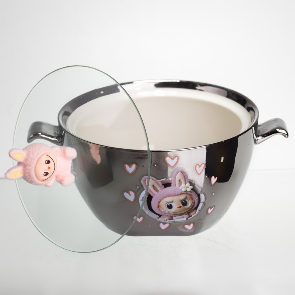 Бульонница фарфоровая Labubu с крышкой и ручками 800 (мл) Ø15 (см) детская тарелка для супа и лапши Серебристый с розовым FM-34C