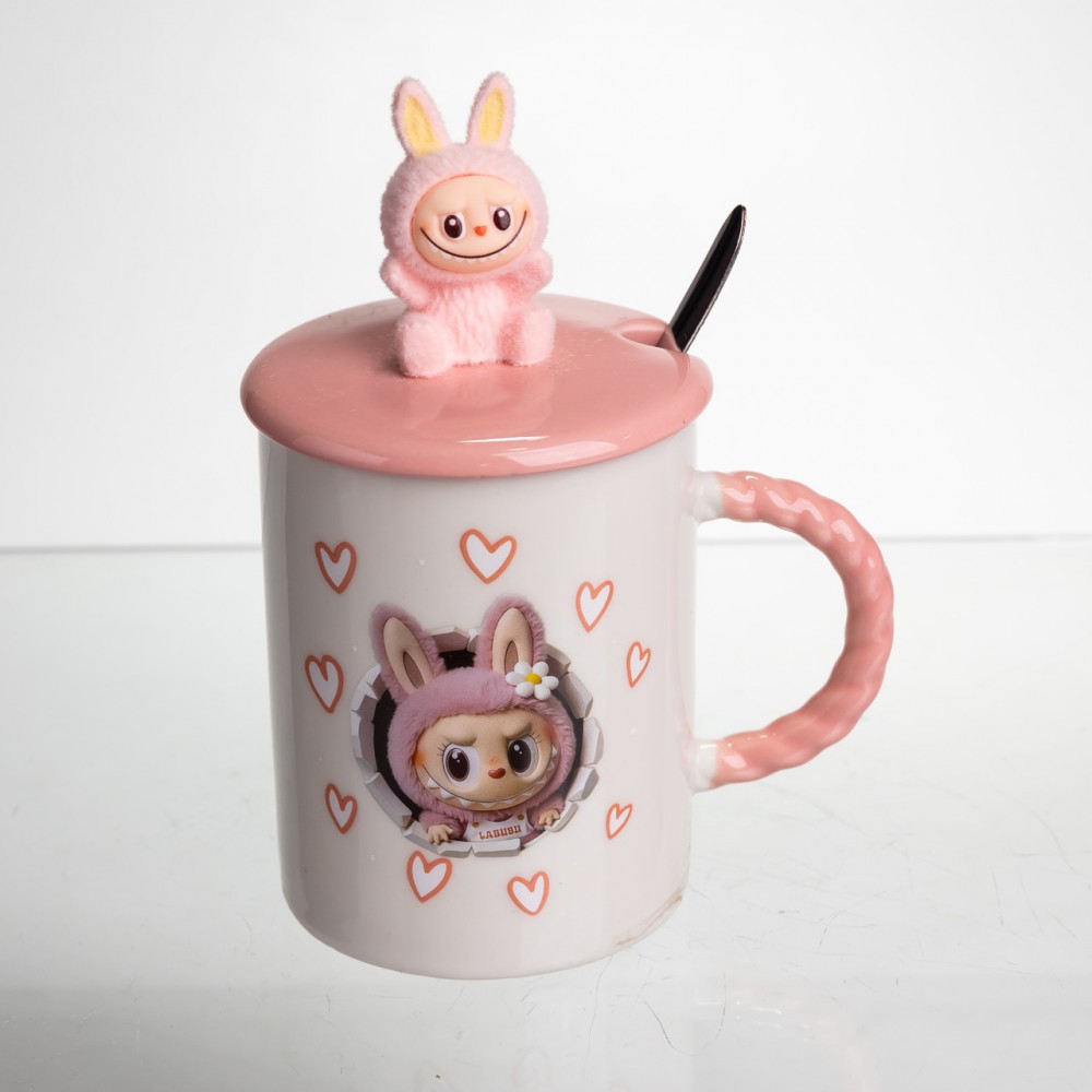 Чашка фарфоровая с крышкой и ложкой Labubu 300 (мл) подарочная кружка прикольная чашка для детей на подарок Розовый FM-35C