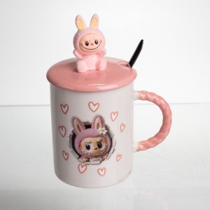 Кубок порцелянова з кришкою і ложкою Labubu 400 (мл) подарункова кружка прикольна чашка для дітей на подарунок Рожевий FM-35C