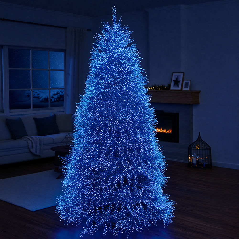 Новогодняя гирлянда Хвойная лапа комнатная роса 100 м 3000 LED зеленый провод Синее сияние D3000L100MGBL