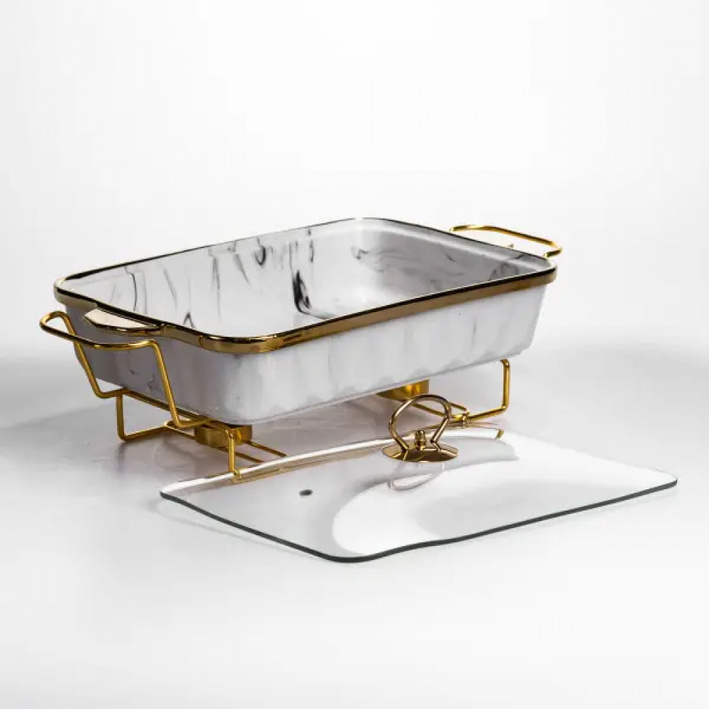 Мармитница фарфоровая 2 л прямоугольная на подставке с подогревом 40х22.5х15.5 см ML-77A-15