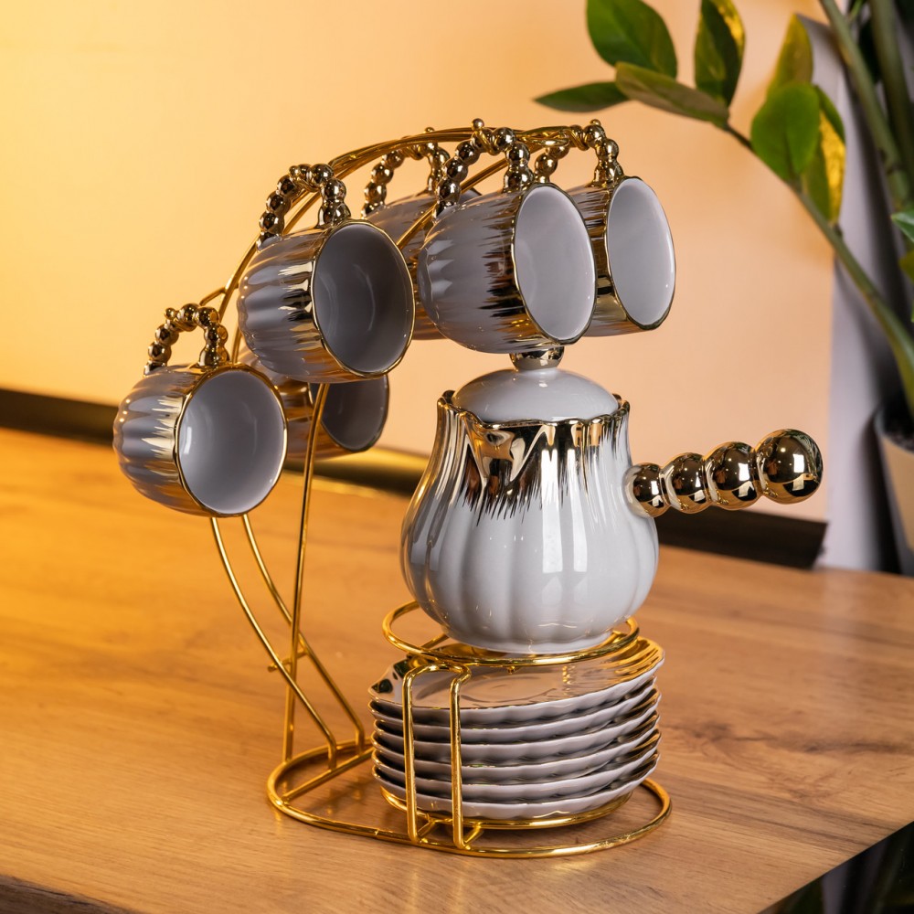 Кофейный сервиз на подставке с кофейником 450 (мл) 6 чашек по 90 (мл) подарочный набор чашек на подставке Серый с золотом FM-JJ-4