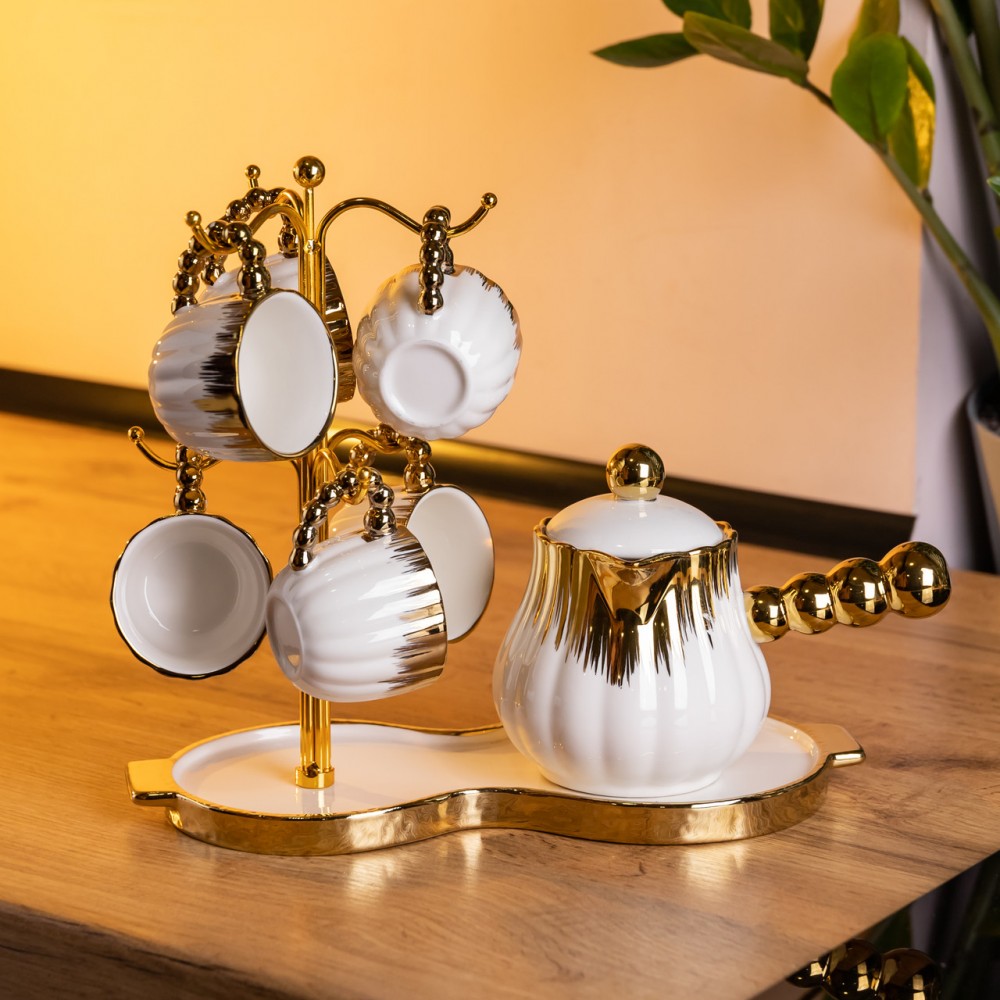Кофейный сервиз на подставке с кофейником 450 (мл) 6 чашек по 90 (мл) подарочный набор чашек на подставке Белый с золотом FM-JJ-5