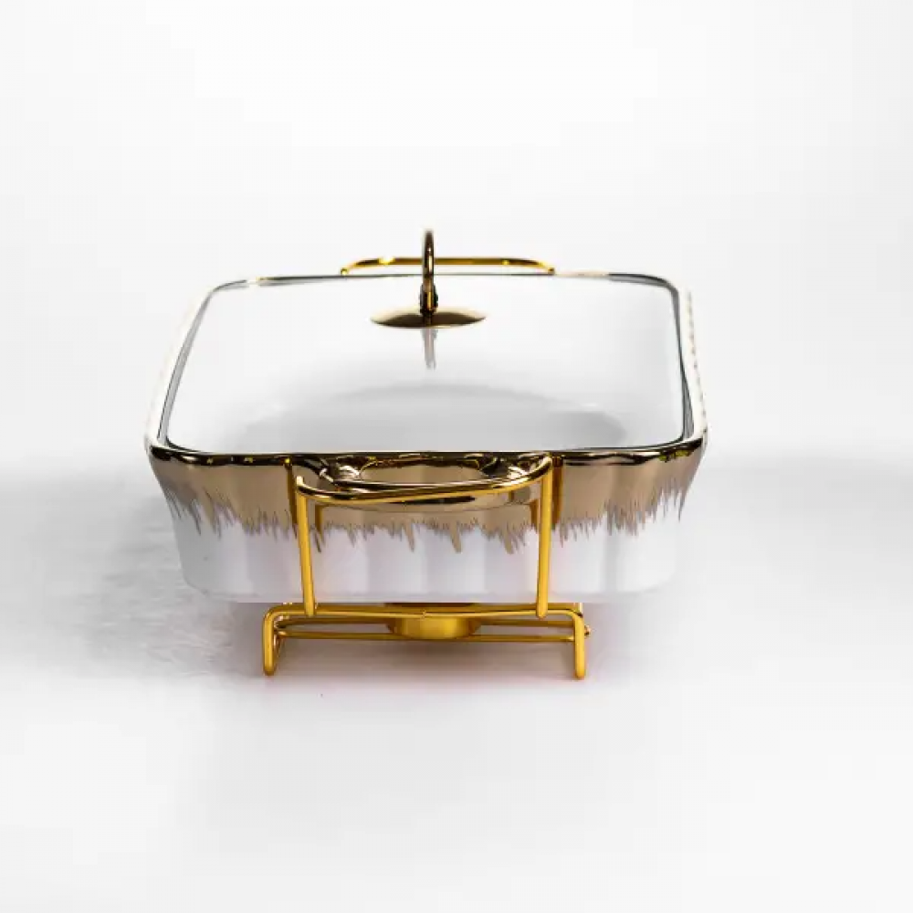 Мармитница фарфоровая 2 л прямоугольная со стеклянной крышкой 40х22.5х15.5 см ML525-15