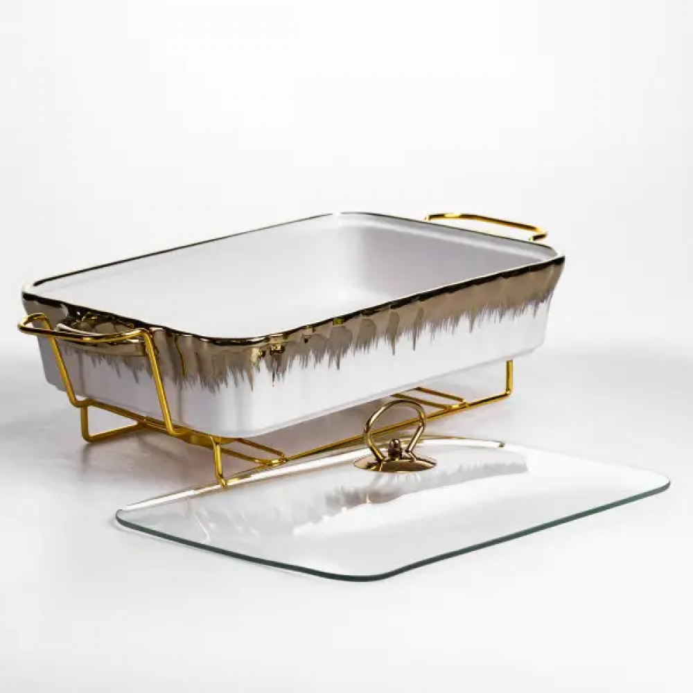 Мармитница фарфоровая 2 л прямоугольная со стеклянной крышкой 40х22.5х15.5 см ML525-15