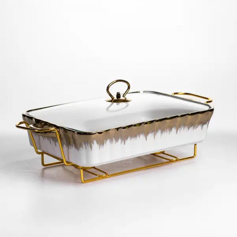 Мармитница фарфоровая 2 л прямоугольная со стеклянной крышкой 40х22.5х15.5 см ML525-15