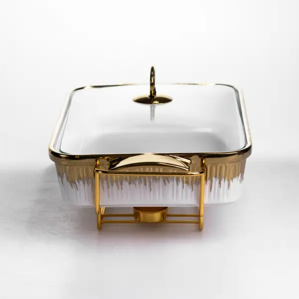 Мармитница фарфоровая 2 л на золотистой подставке с подогревом 40х22.5х15.5 см ML-860-15