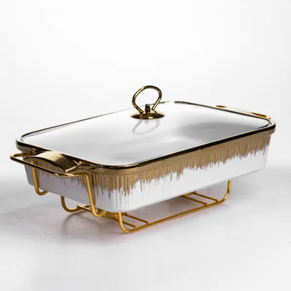 Мармитница фарфоровая 2 л на золотистой подставке с подогревом 40х22.5х15.5 см ML-860-15