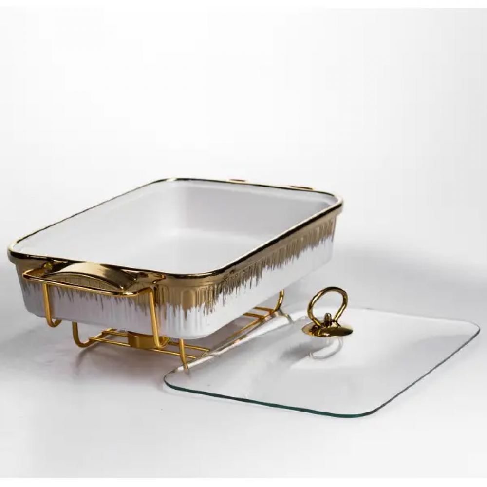 Мармитница фарфоровая 2 л на золотистой подставке с подогревом 40х22.5х15.5 см ML-860-15