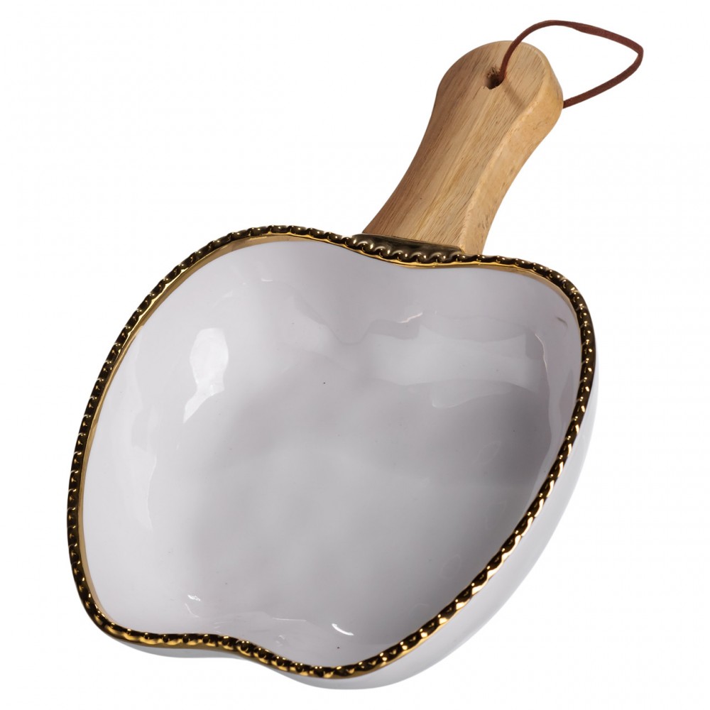 Тарелка фарфоровая глубокая с ручкой Яблоко 23×16×4 (см) блюдо сервировочное с ручкой для подачи тарелка сковорода Золото ZJH-14-1