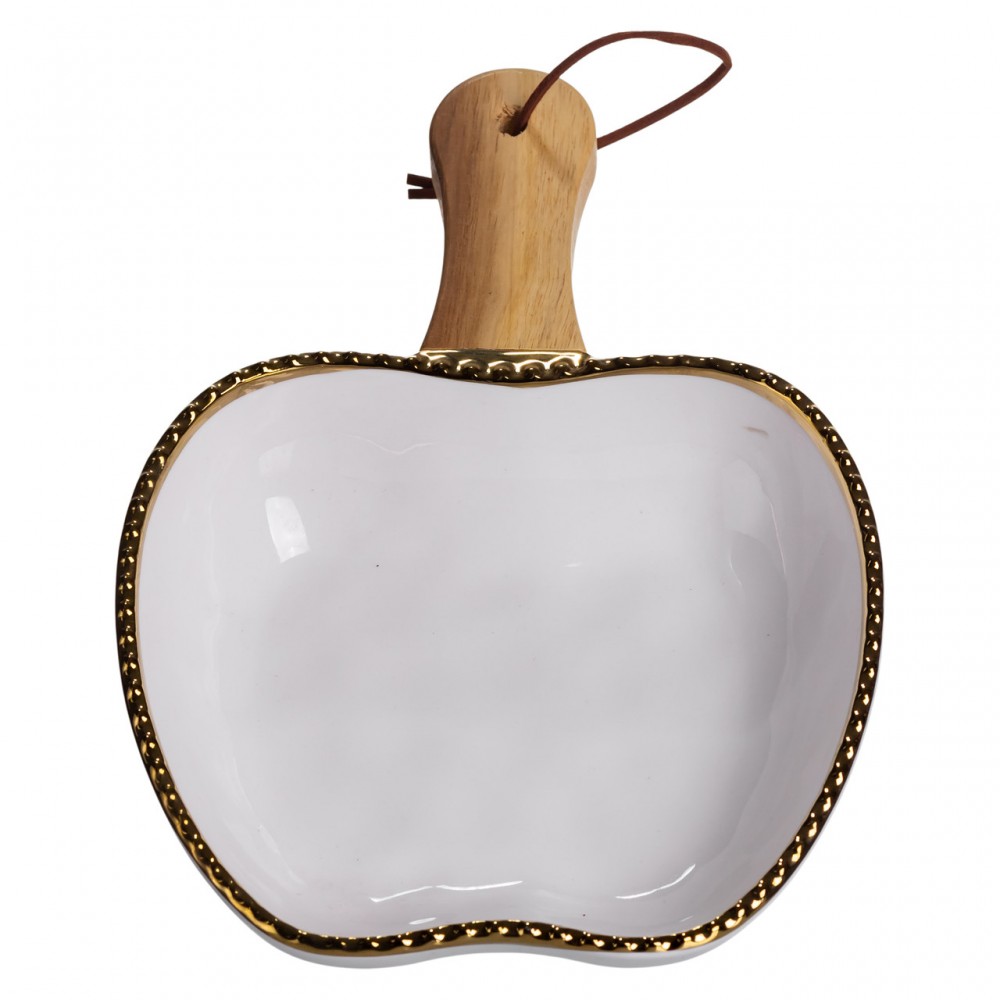 Тарелка фарфоровая глубокая с ручкой Яблоко 23×16×4 (см) блюдо сервировочное с ручкой для подачи тарелка сковорода Золото ZJH-14-1
