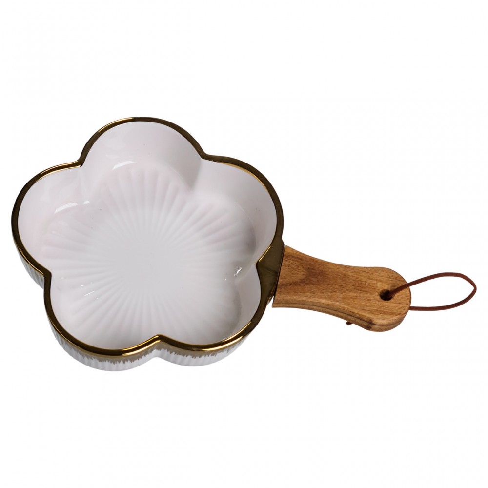 Тарелка фарфоровая глубокая с ручкой Цветок 24×16×4 (см) блюдо сервировочное с ручкой для подачи тарелка сковорода Золото ZJH-13-1