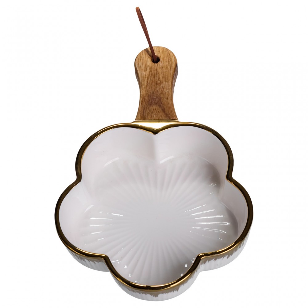 Тарелка фарфоровая глубокая с ручкой Цветок 24×16×4 (см) блюдо сервировочное с ручкой для подачи тарелка сковорода Золото ZJH-13-1