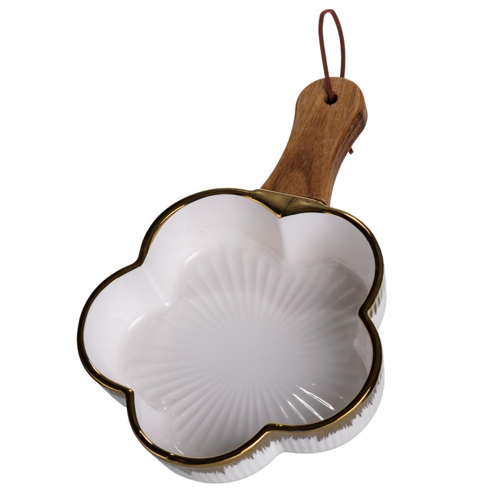 Тарелка фарфоровая глубокая с ручкой Цветок 24×16×4 (см) блюдо сервировочное с ручкой для подачи тарелка сковорода Золото ZJH-13-1