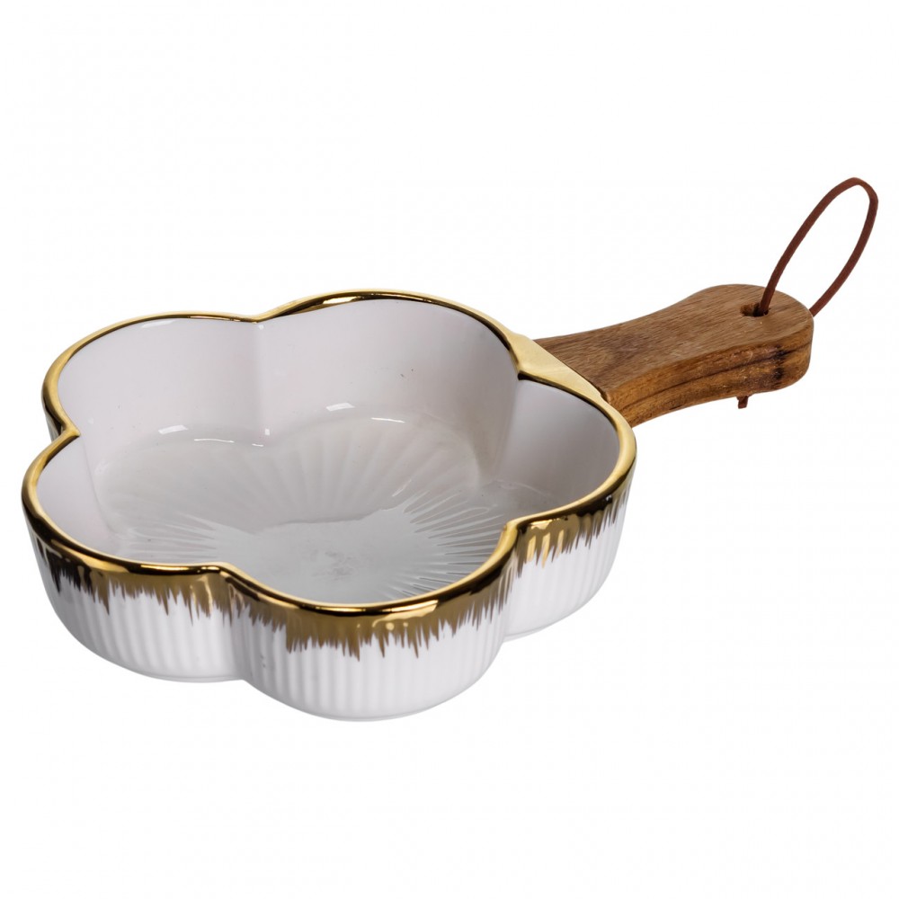 Тарелка фарфоровая глубокая с ручкой Цветок 24×16×4 (см) блюдо сервировочное с ручкой для подачи тарелка сковорода Золото ZJH-13-1