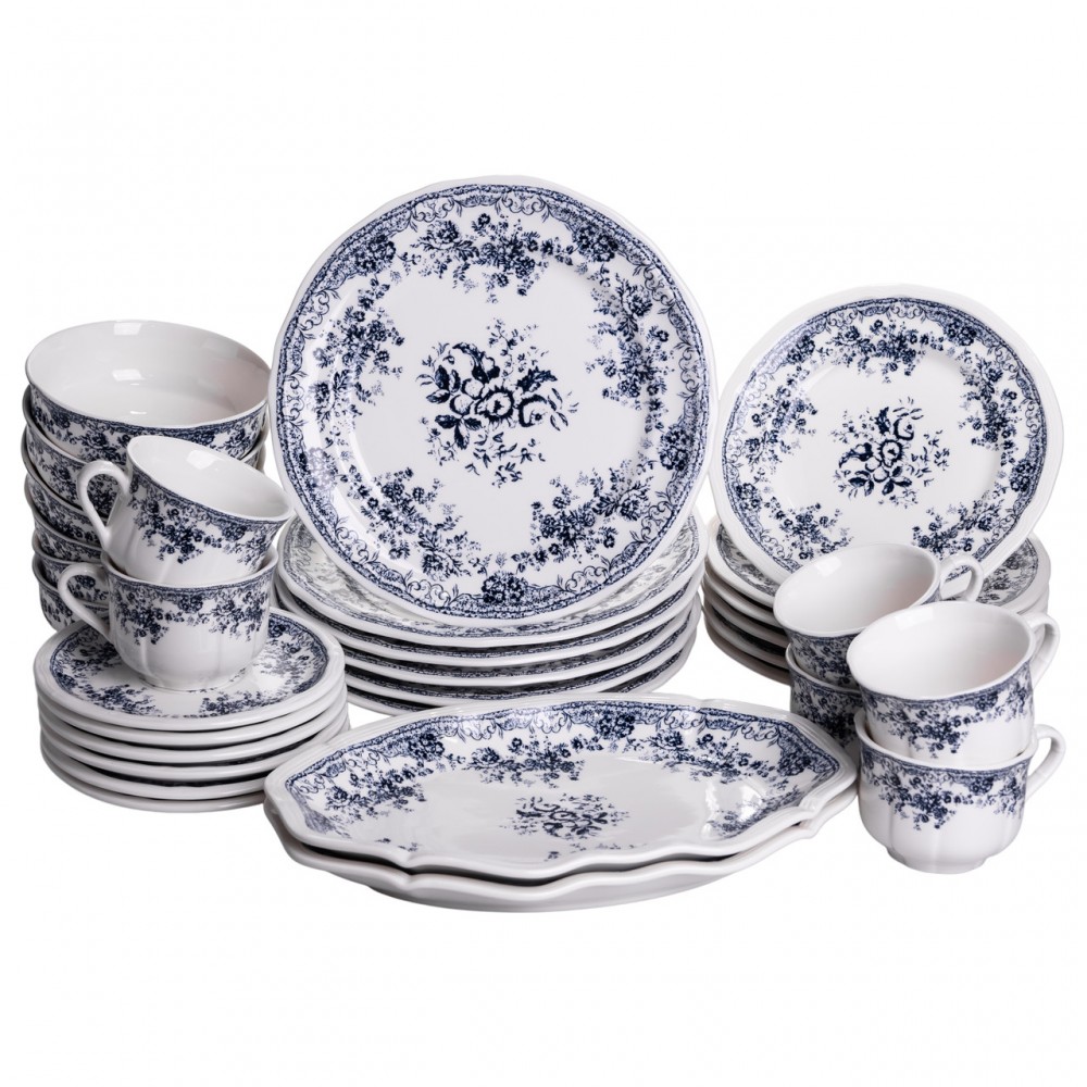 Столовый набор посуды тарелок и чашек 32 предмета на 6 персон Vintage Elegant фарфоровый, обеденный столовый сервиз тарелок Синий YY78-6A