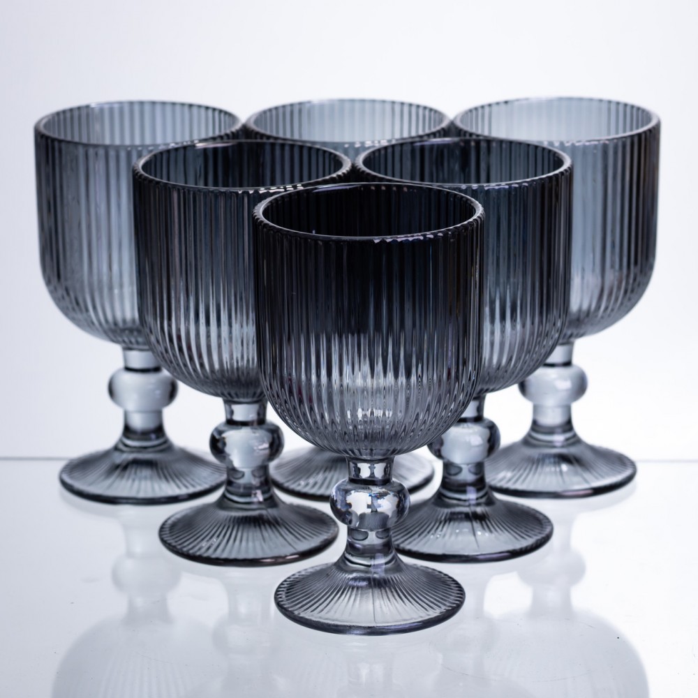 Набор бокалов для вина 6 штук по 240 мл ребристых из толстого стекла серый HP-19-230