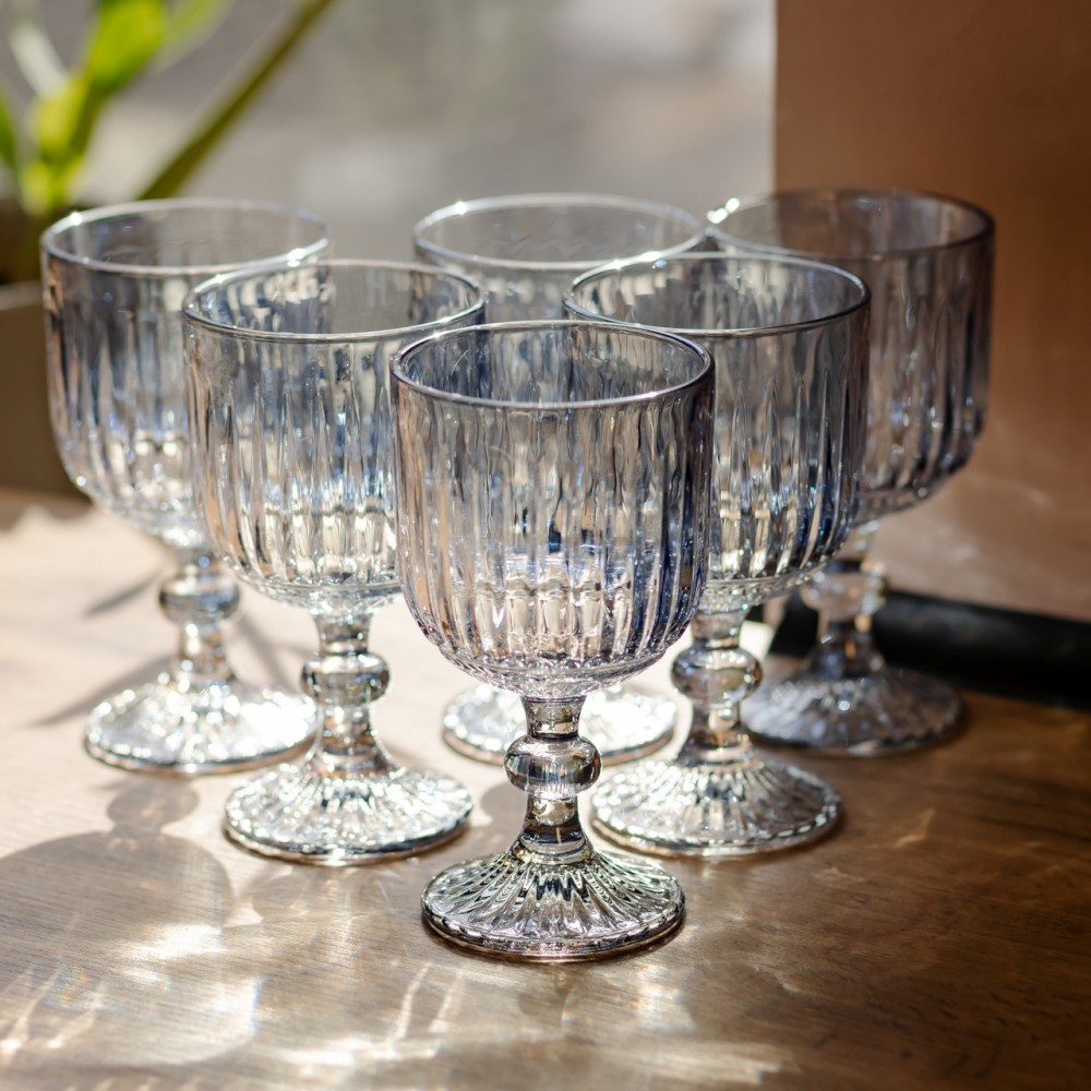 Набор бокалов для вина 6 штук по 300 мл ребристых из толстого стекла синий HP-19-237