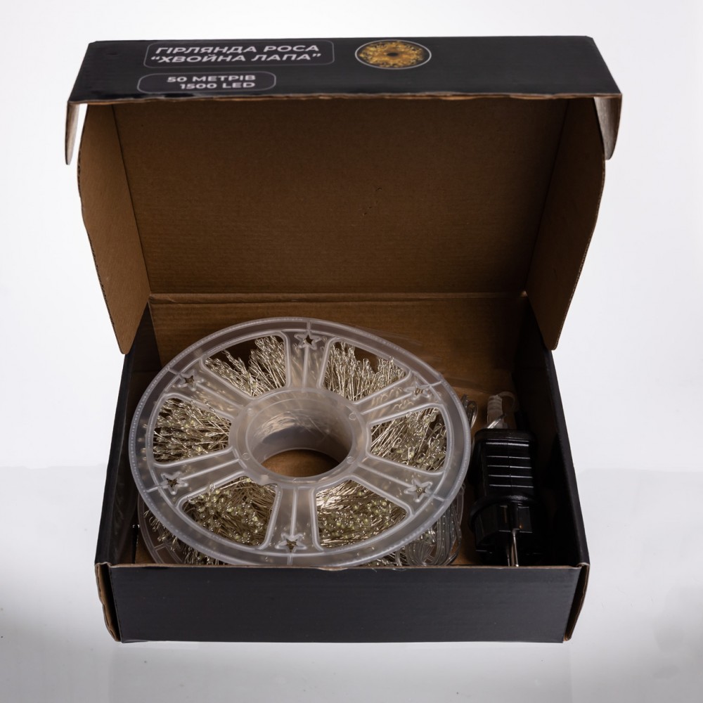 Новогодняя гирлянда комнатная роса Хвойная лапа 50 м 1500 LED белый провод Белое сияние D1500L50MWW