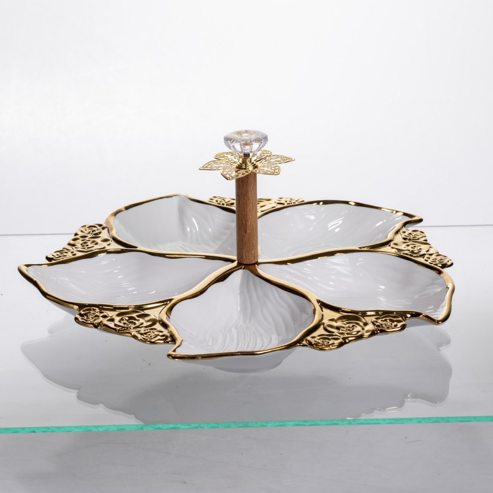 Менажница фарфоровая на 5 секций для закусок тарелка менажница 30×30×13 (см) менажница с ручкой Белый с золотом WX918-44