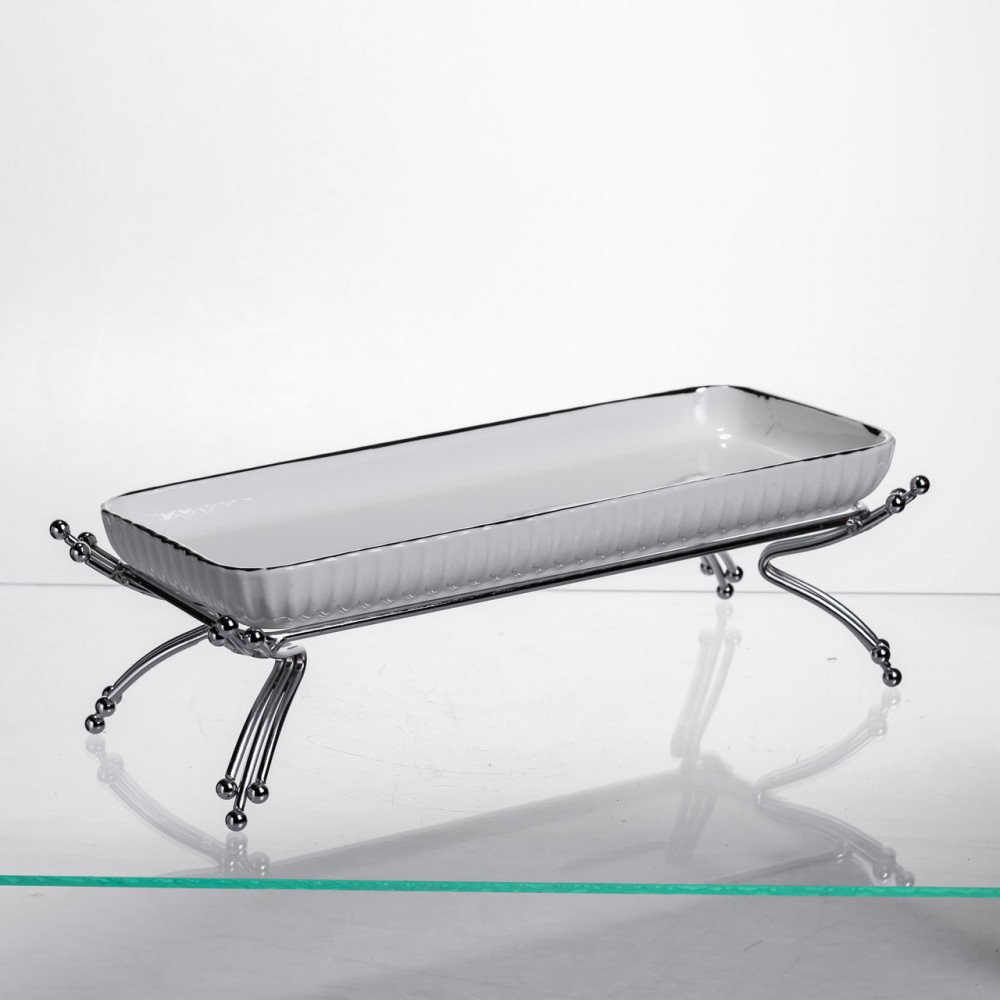 Порцелянове блюдо для сервірування на металевій підставці 29,5×12×9 (см) Біле зі сріблом LB-1565S