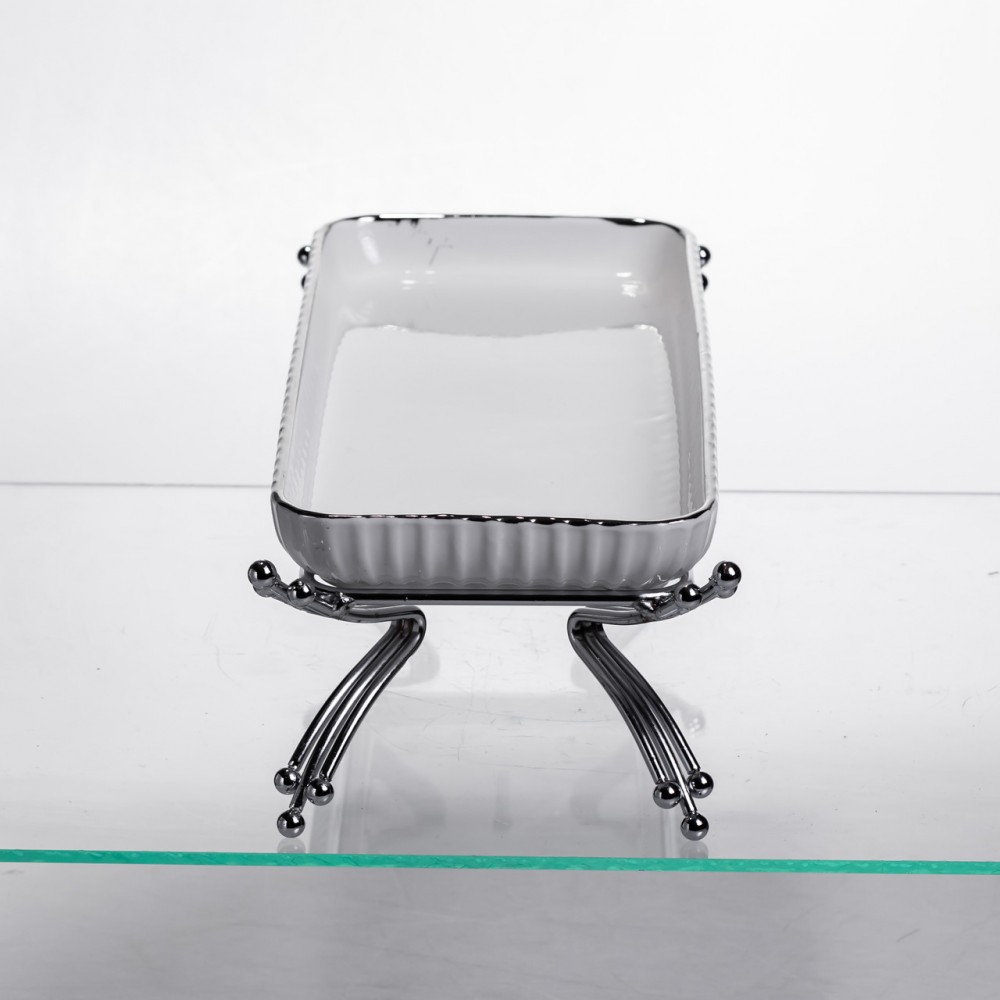 Порцелянове блюдо для сервірування на металевій підставці 29,5×12×9 (см) Біле зі сріблом LB-1565S