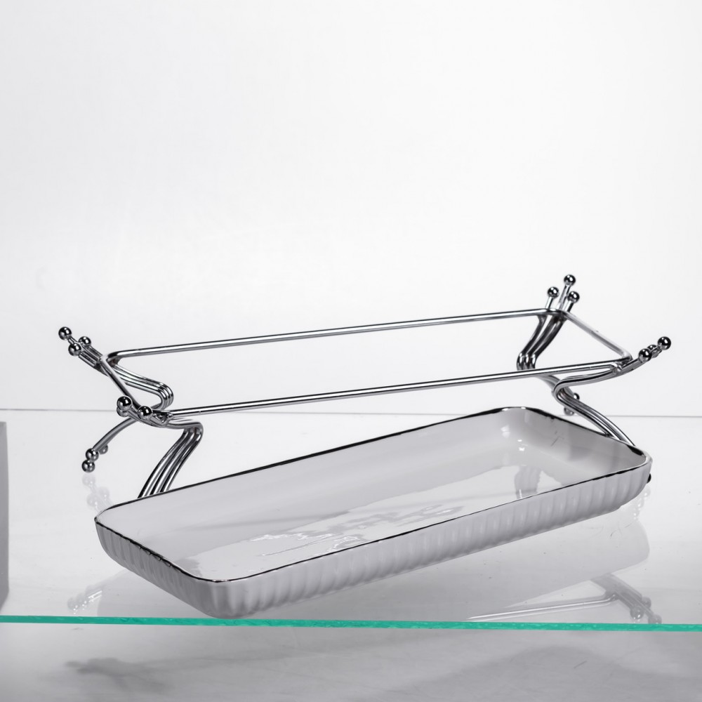 Порцелянове блюдо для сервірування на металевій підставці 29,5×12×9 (см) Біле зі сріблом LB-1565S